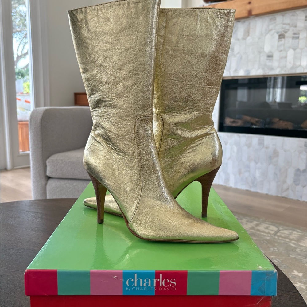 Charles by Charles David Metallic Gold Pointed Toe Mid-Calf Heeled Boots